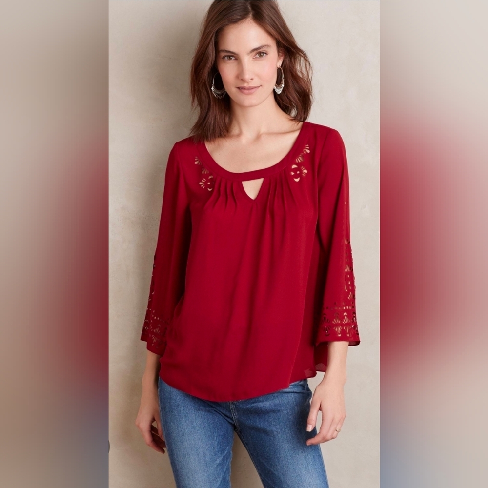 Maeve Deep Red Blouse with Cut-Out Details